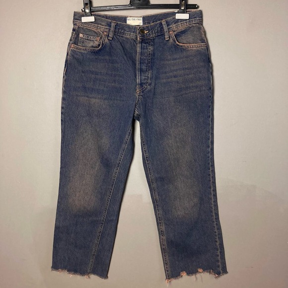 Free people jeans size 28 cropped mid-rise straight leg frayed hem distressed - Picture 6 of 16